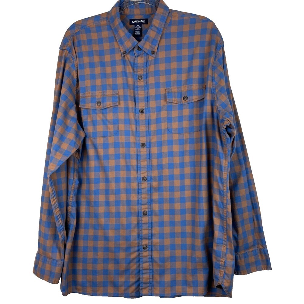 Lands End Traditional Fit XL Button Down Blue/Tan Plaid Men's Shirt